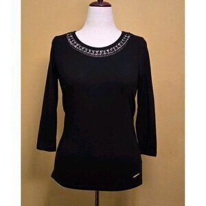 Jones New York Womens Large Crochet Top Blouse Black Bohemian Small 3/4 Sleeve